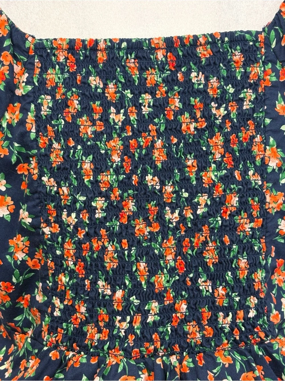 Old Navy Navy Blue & Orange Floral Print Puff Sleeve Smocked Trapeze Top XL
